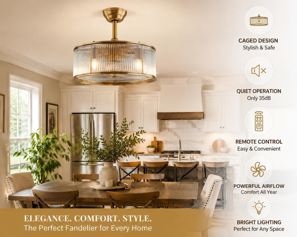 OUKANING Farmhouse Caged Ceiling Fan with Light and Remote, Gold Flush Mount Fandelier, Quiet Enclosed Ceiling Fan for Bedroom, Kitchen, Dining Room and Living Room