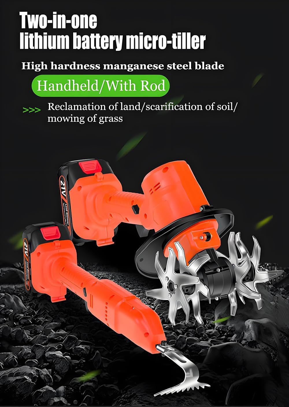 Electric Garden Rotavator, 2 in 1 Cordless Tiller Cultivator with Electric Digging Hoe,10Cm Tilling Width & Depth, Lightweight Rototiller for Gardening, for Lawn, Soil Cultivation