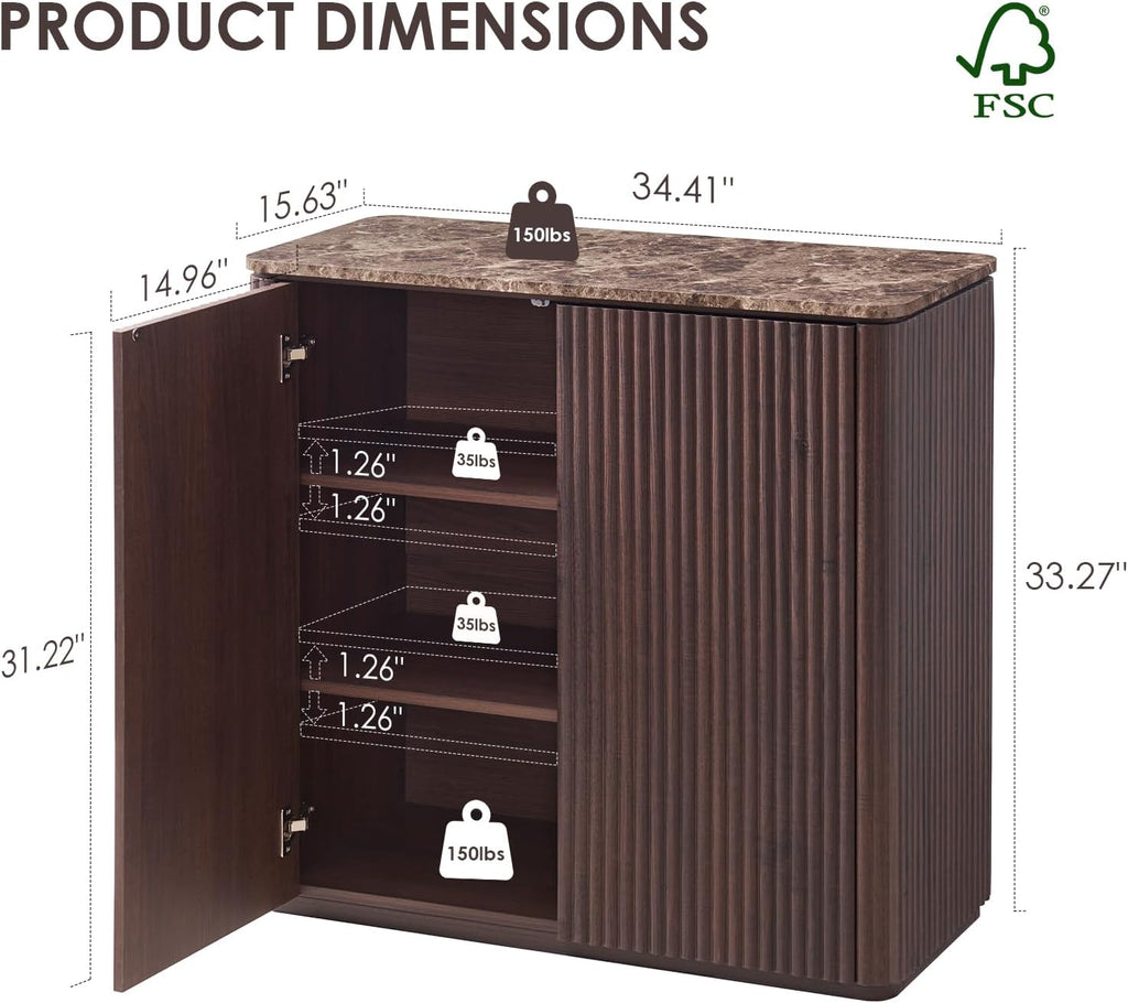 Fluted 2 Doors Sideboard Cabinet with Storage, 34' Wooden Credenza with Shelves, Faux Marble-Top Coffee Bar Console Table, Modern Buffet Cabinet for Dining, Kitchen, Living Room, Entryway, Dark Oak