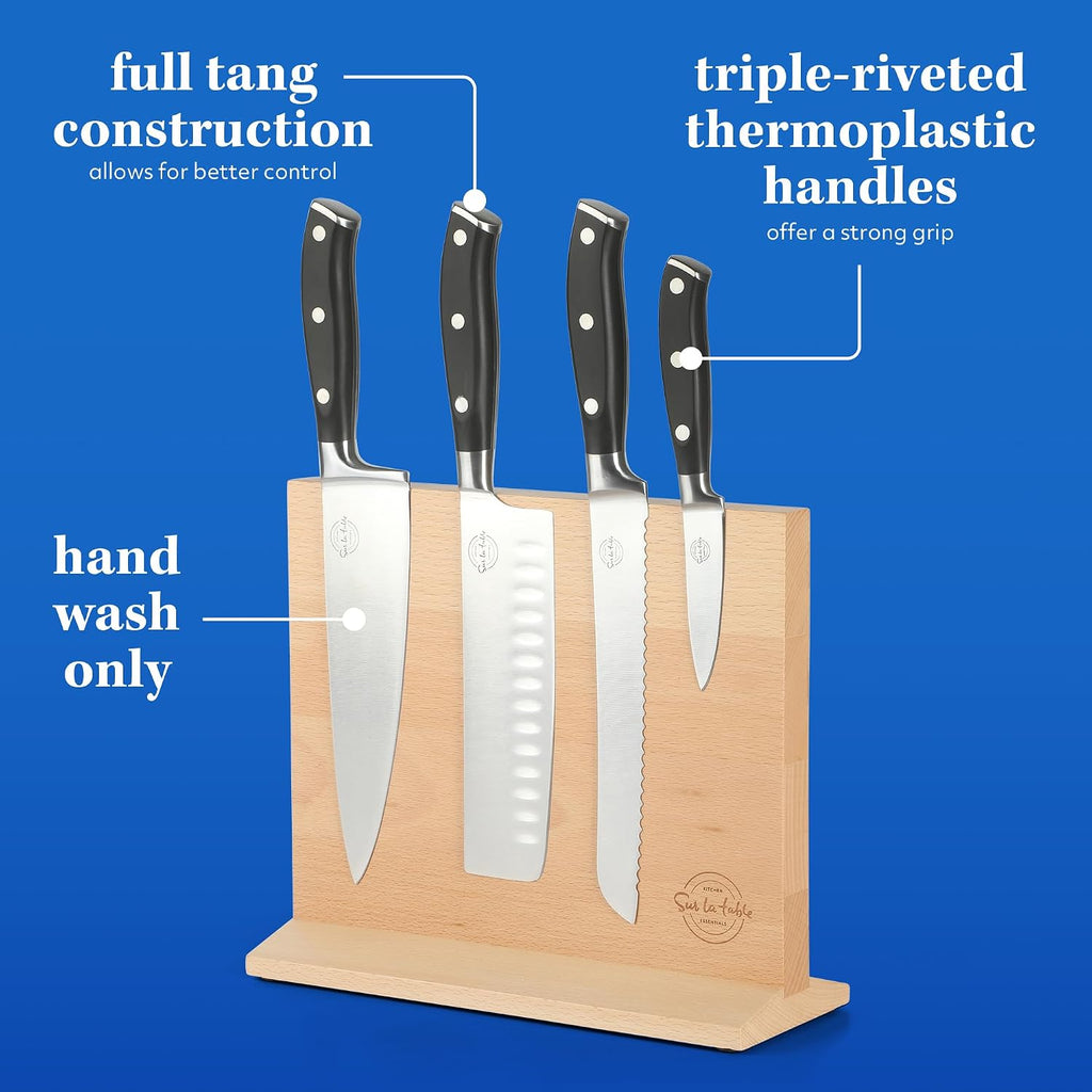 Sur La Table Kitchen Essentials 5 Piece German Steel Blade w/Triple Riveted Handle Set on Beechwood Magnetic Block - Black