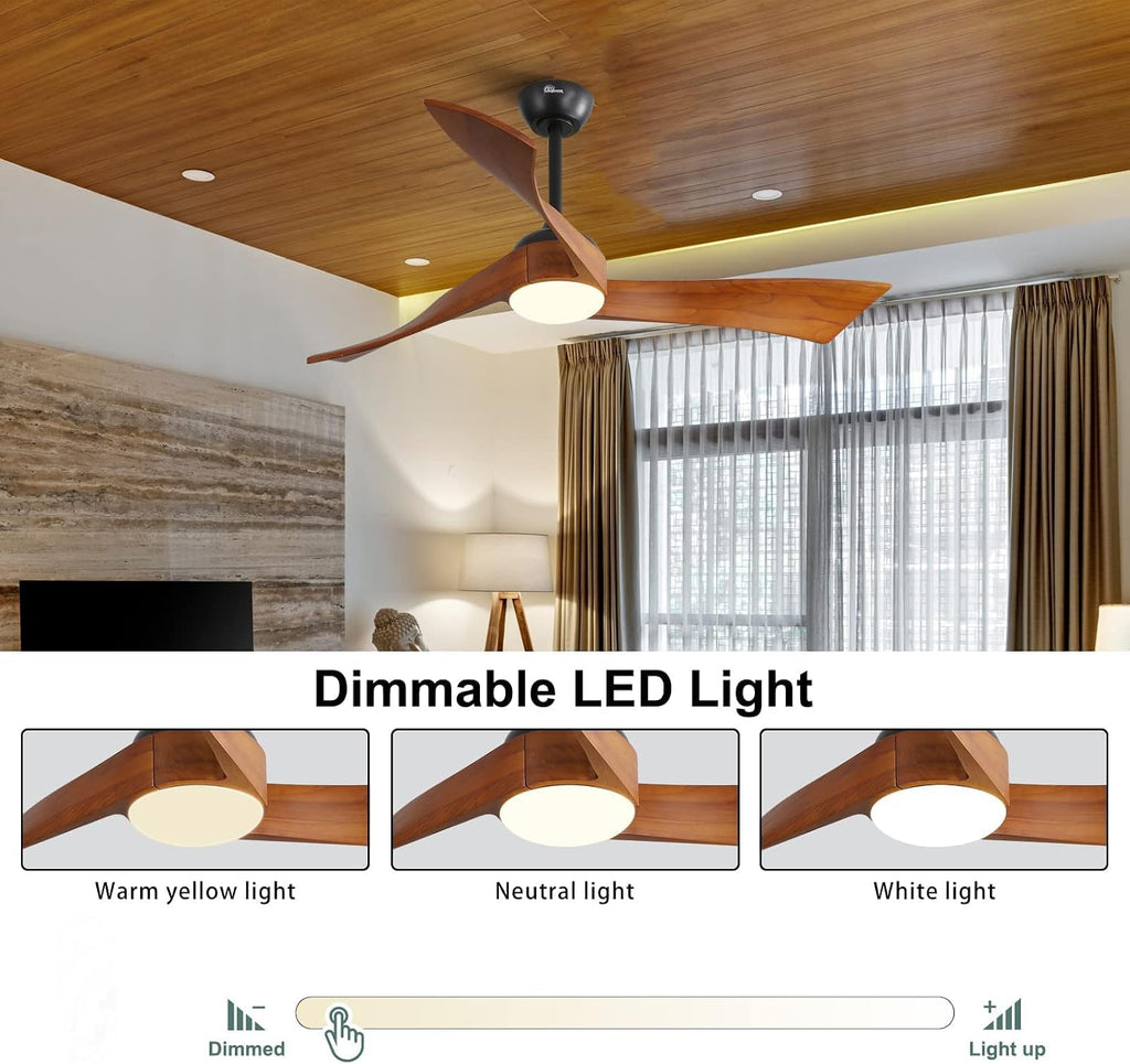 Sofucor 52 inch Ceiling Fans with Lights and Remote, Indoor/Outdoor Ceiling Fan with Light, Quiet DC Reversible, Low Profile Ceiling Fan Light, Solid Wood 3 Blade Ceiling Fans for Bedroom Farmhouse