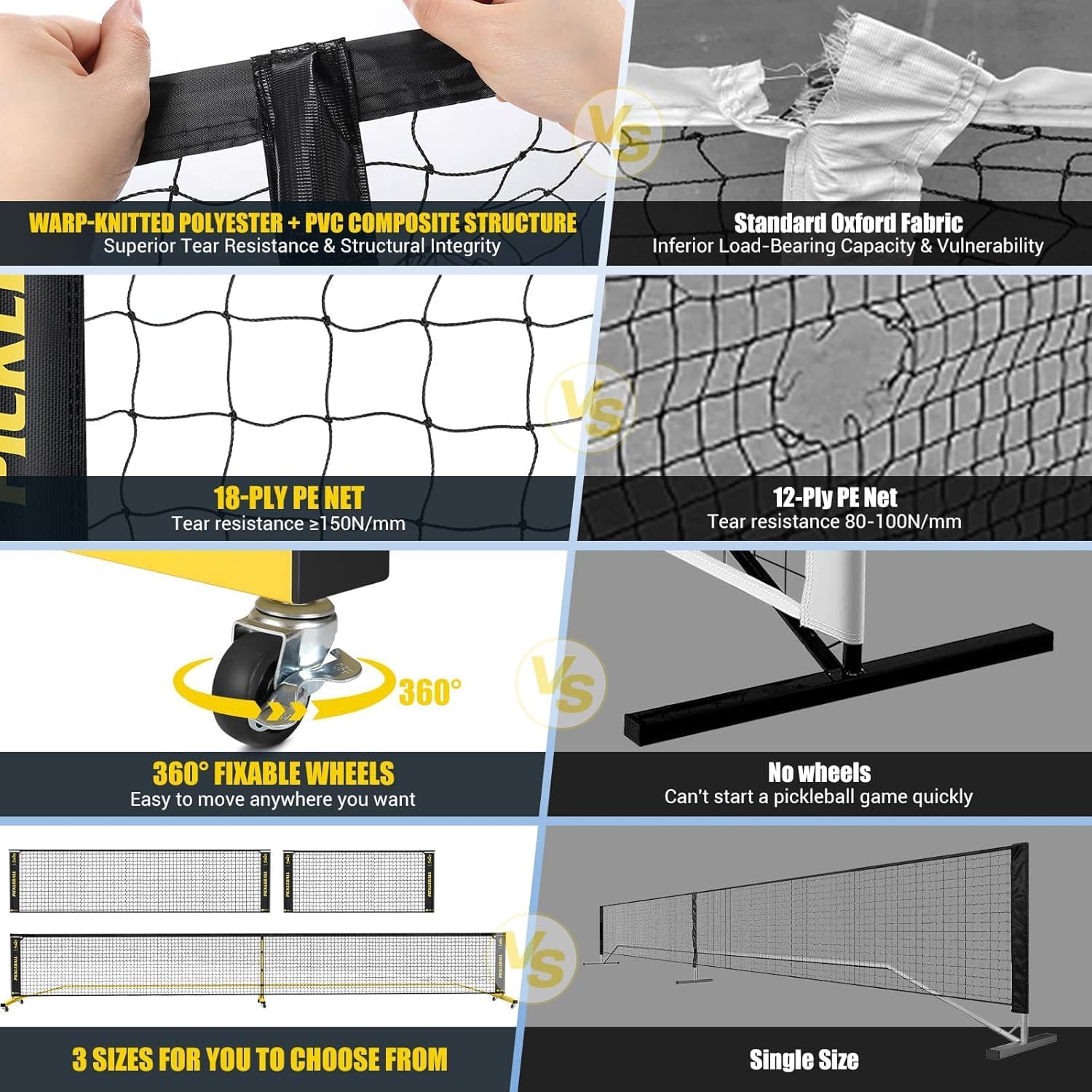Pickleball Set Net with 4 Paddles, 6FT/11FT/22FT Portable 3-in-1 Pickle Ball Net with Carry Bag, Pickleballs, Designed for All Weather Conditions