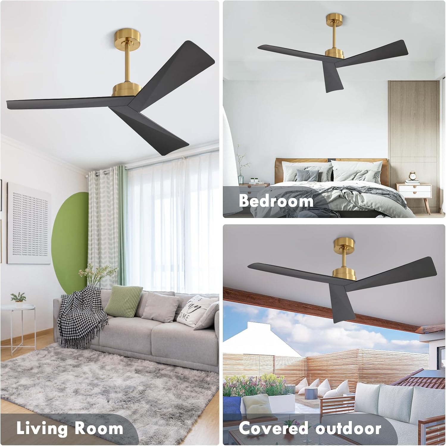 WINGBO 52' DC Ceiling Fan without Lights, Brass and Black Ceiling Fan with Remote, 3 ABS Plastic Blades, 6 Speed Reversible DC Motor, Ceiling Fans No Light for Kitchen Bedroom Living Room