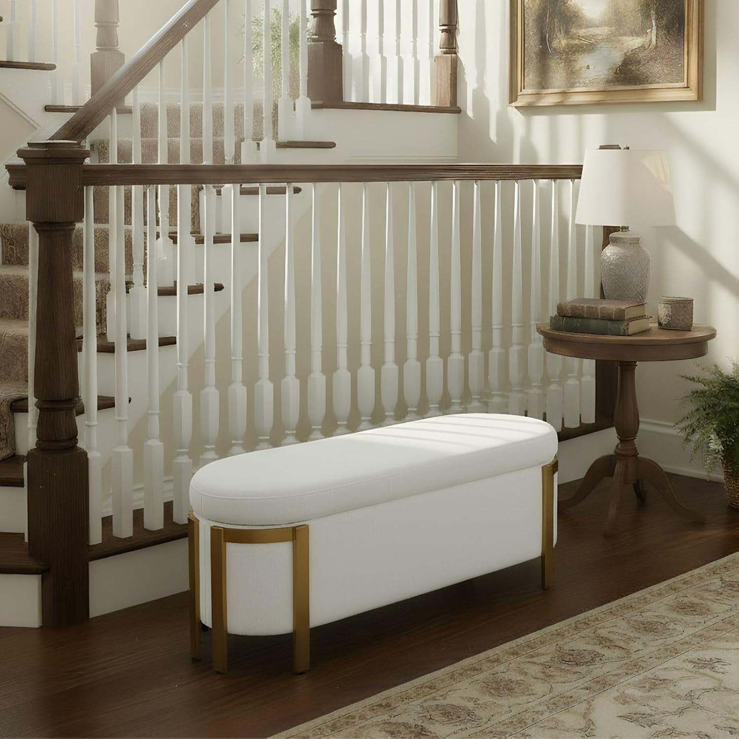 Hyfirm 48' Storage Ottoman Bench – White Chenille Upholstered Footrest with Gold Legs, Long Oval Padded Stool for Bedroom, End of Bed, Living Room, Entryway, Hallway