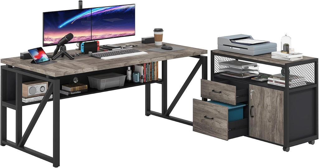 Tribesigns L Shaped Desk with Drawer Cabinet, 63' Executive Computer Desk and lateral File Cabinet, 2 Piece Home Office Furniture with Drawers for Hanging File, Doors with Locks (Gray, 63 inches)