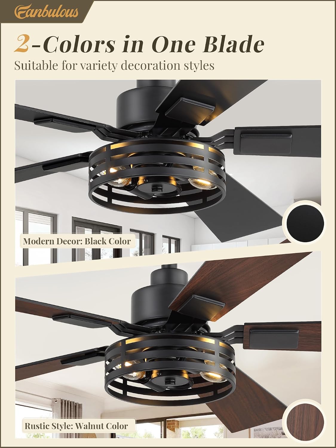 42 Inch Farmhouse Ceiling Fan with Lights 2 Pack, Rustic Black Ceiling Fans with Remote, 5 Dual Finish Blades, Quiet 6 Speed Reversible DC Motor, Caged Industrial Fan for Bedroom, Living Room, Patio