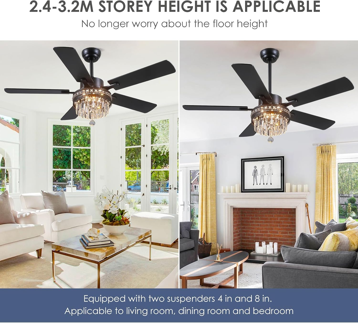 Asyko Crystal Ceiling Fan Fandelier with Lights - 46' Crystal Ceiling Fans with Noiseless DC Motor, Retro/Farmhouse Lighting, Dining Room,Living Room