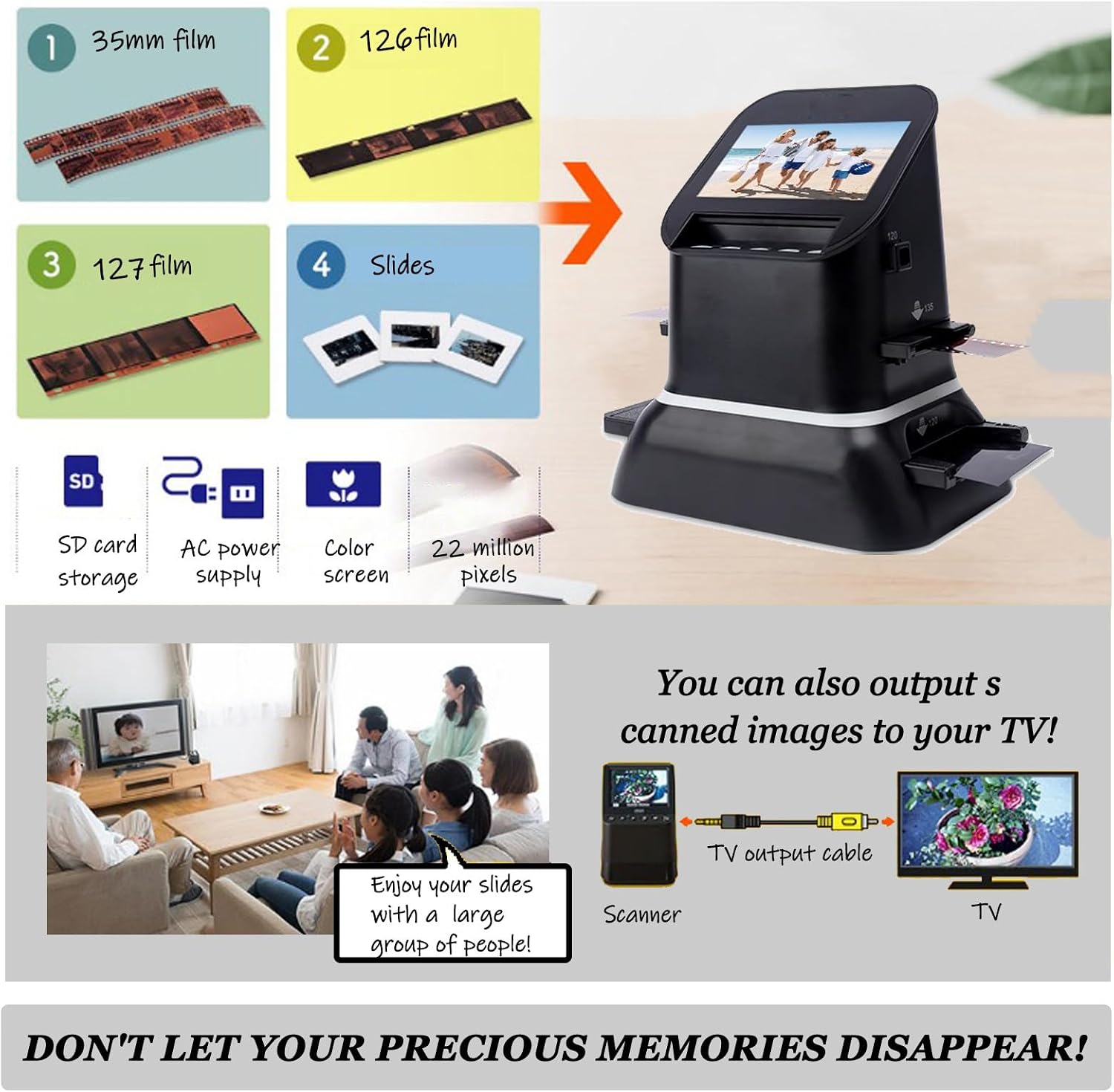 Digital Film Scanner, 120 High Resolution, Supports 5 Specifications of 120 Film, 1080P LCD Screen, Convert 35mm, 135, 126, 127 Negative and Slides to Digital JPEG