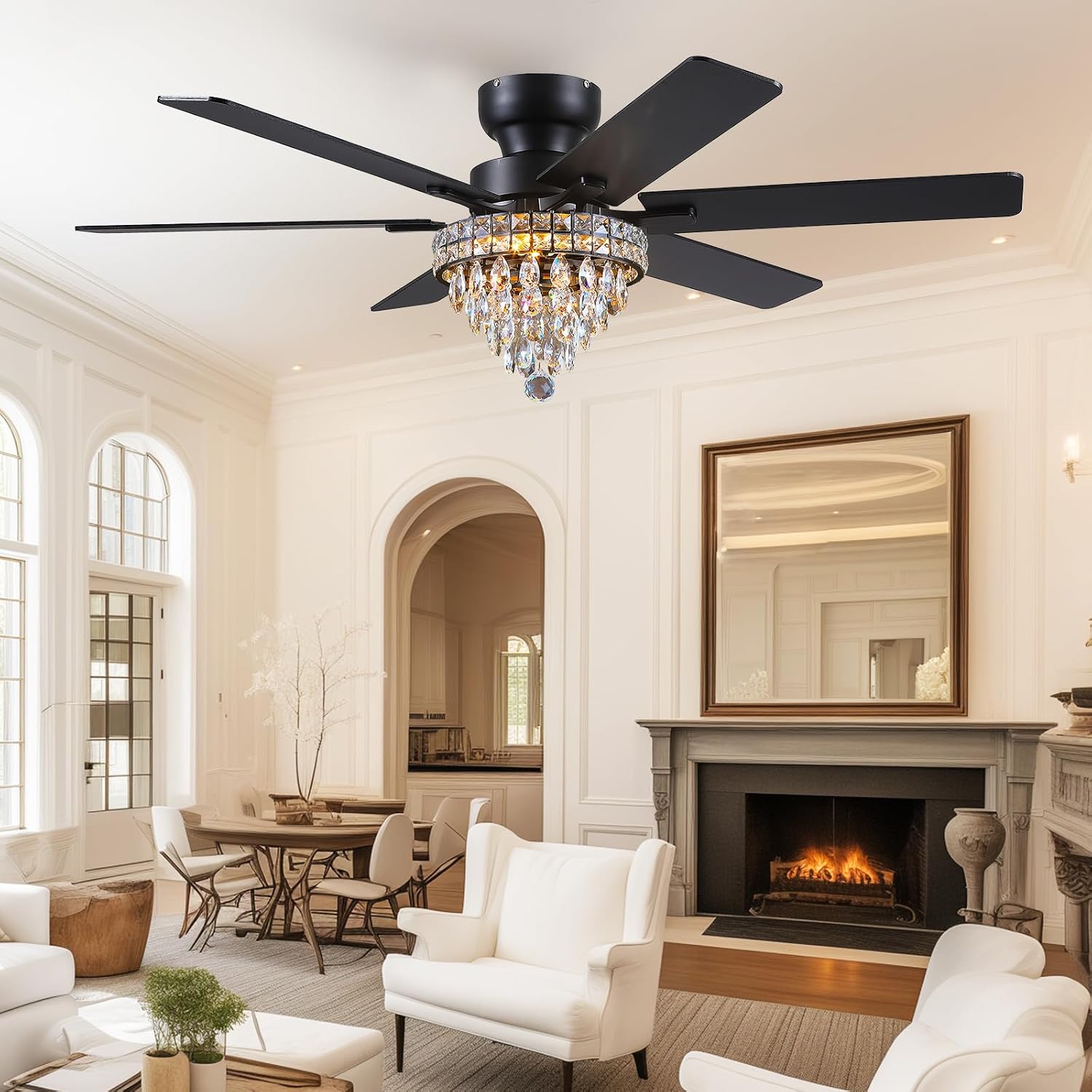 Asyko Chandelier Ceiling Fan -52' Crystal Ceiling Fan- Fandelier Fan Light Black with Remote, Silent Reversible Motor, Dual-Sided 6 Blades, 3 Speed, Timer, Indoor Fan Ceiling