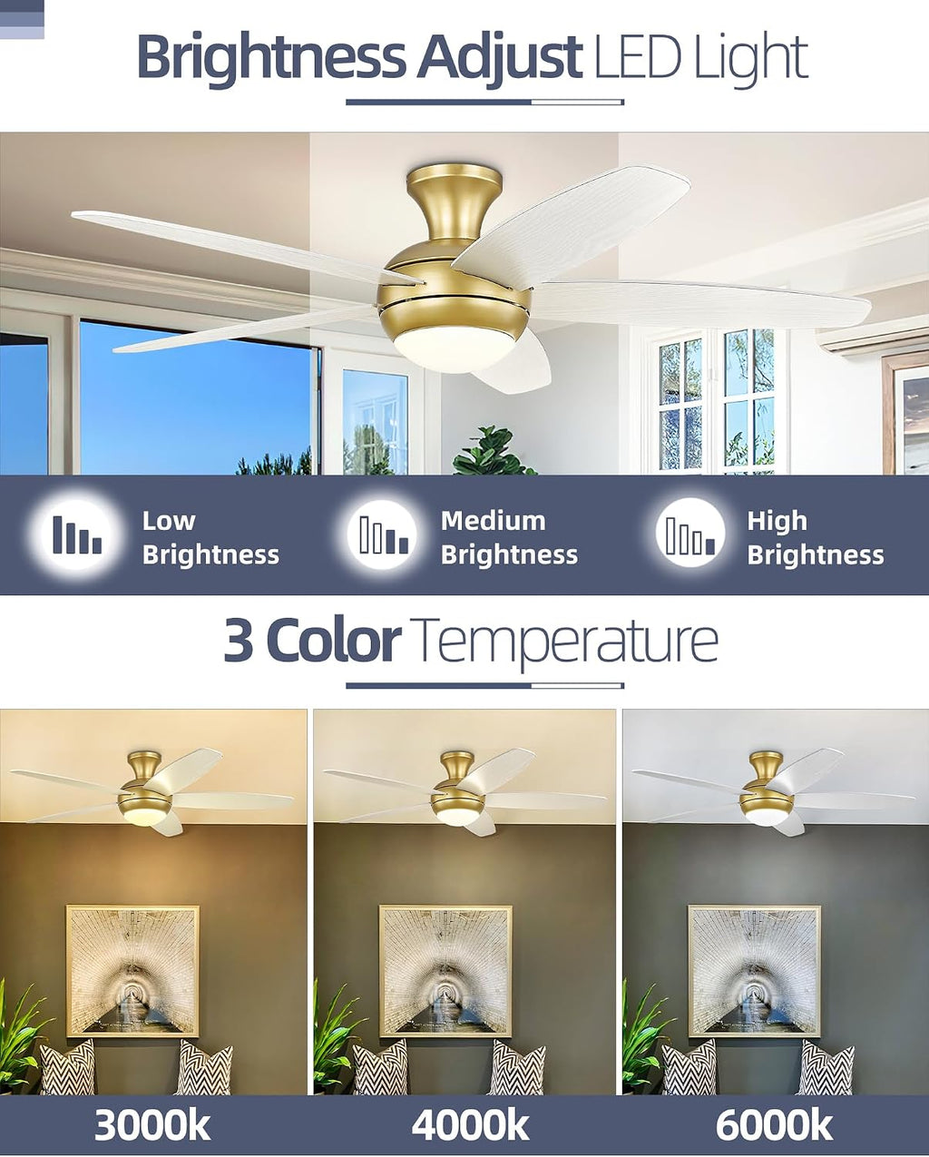 YOUKAIN 52'' Low Profile Ceiling Fan With Light, Gold Flush Mount Ceiling Fan, 6 Speeds DC Reversible Motor, Outdoor Indoor Modern Smart Ceiling Fans Work With WIFI App, 52-YJ236-GD
