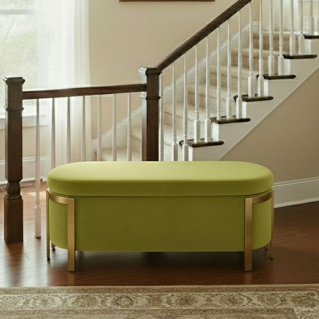 Hyfirm 48' Velvet Storage Ottoman Bench, Olive Green Upholstered End of Bed Bench with Gold Legs, Long Bedroom Bench with Hidden Storage for Living Room, Entryway, Hallway