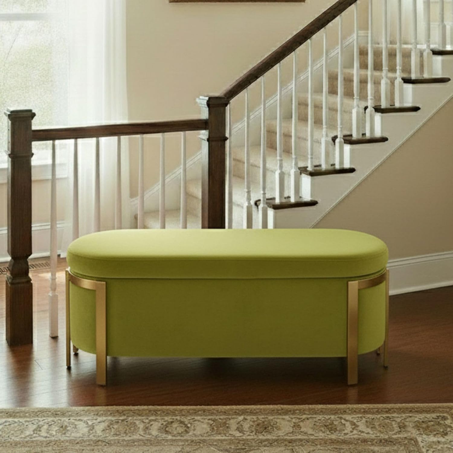 Hyfirm 48' Velvet Storage Ottoman Bench, Olive Green Upholstered End of Bed Bench with Gold Legs, Long Bedroom Bench with Hidden Storage for Living Room, Entryway, Hallway