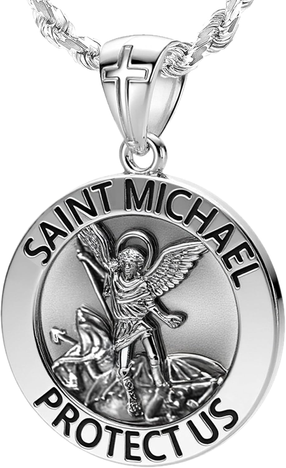 US Jewels Men's 925 Sterling silver 33mm Saint Michael Medal Antique Finish Round Pendant Necklace, 22in to 26in