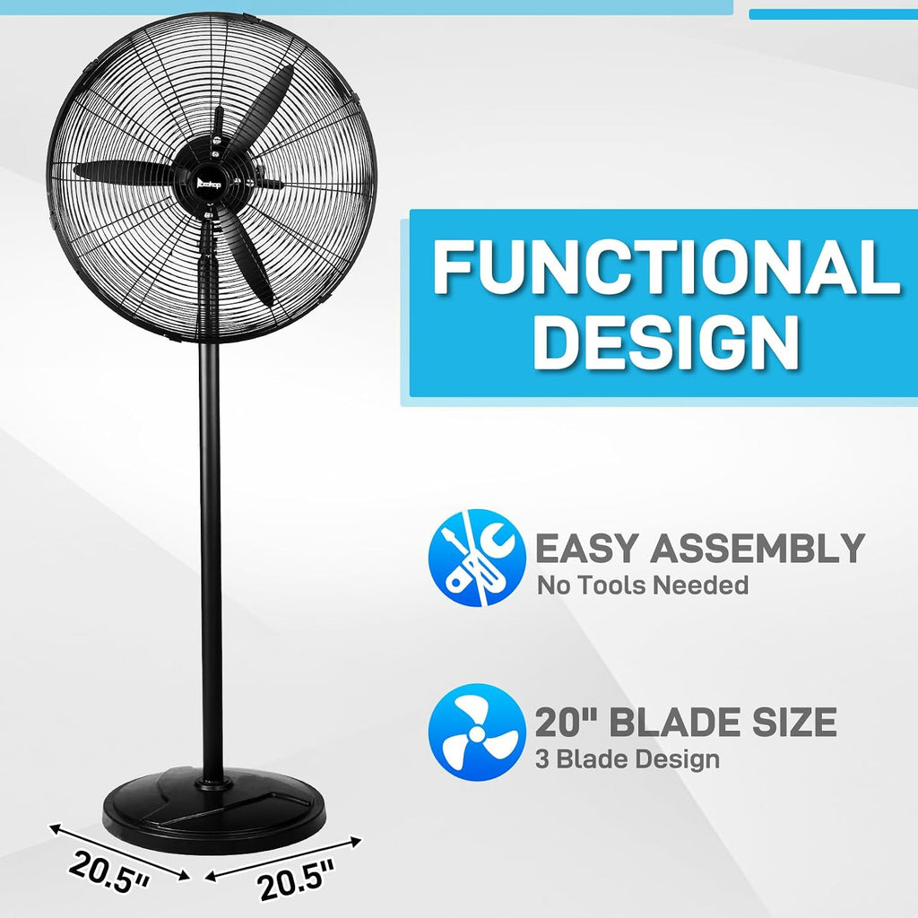 20 Inch Pedestal Fan with 5000 CFM Industrial Floor Fan for Garage, Warehouse, Workshop Oscillating Stand Up Fan 4 Speeds Adjustable Height Metal Construction for Commercial Residential Cooling Black