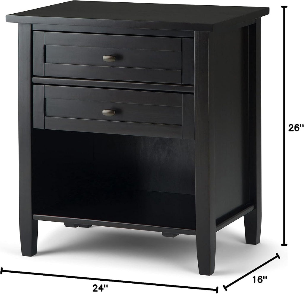 SIMPLIHOME Warm Shaker Bedside Table - 24 inch Wide Solid Wood Nightstand in Hickory Brown, Transitional Bedroom Side or End Table with 2 Drawers, Open Shelf Storage and Bronze Hardware