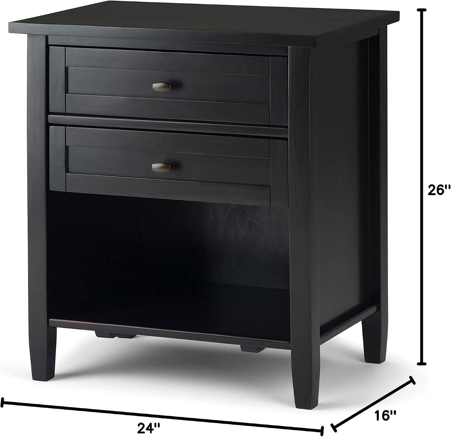 SIMPLIHOME Warm Shaker Bedside Table - 24 inch Wide Solid Wood Nightstand in Hickory Brown, Transitional Bedroom Side or End Table with 2 Drawers, Open Shelf Storage and Bronze Hardware