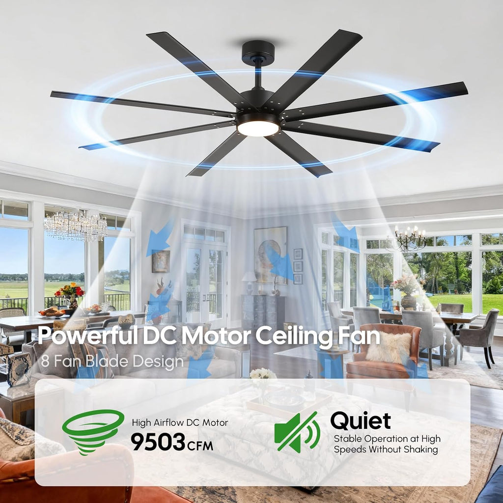 65 Inch All-Weather Outdoor Ceiling Fan with Light and Remote, IP65 Wet Rated, High CFM, 8 Large Black Waterproof Aluminum Blades, Energy Efficient Quiet DC Motor for Patio, Porch, Pergola, Garage