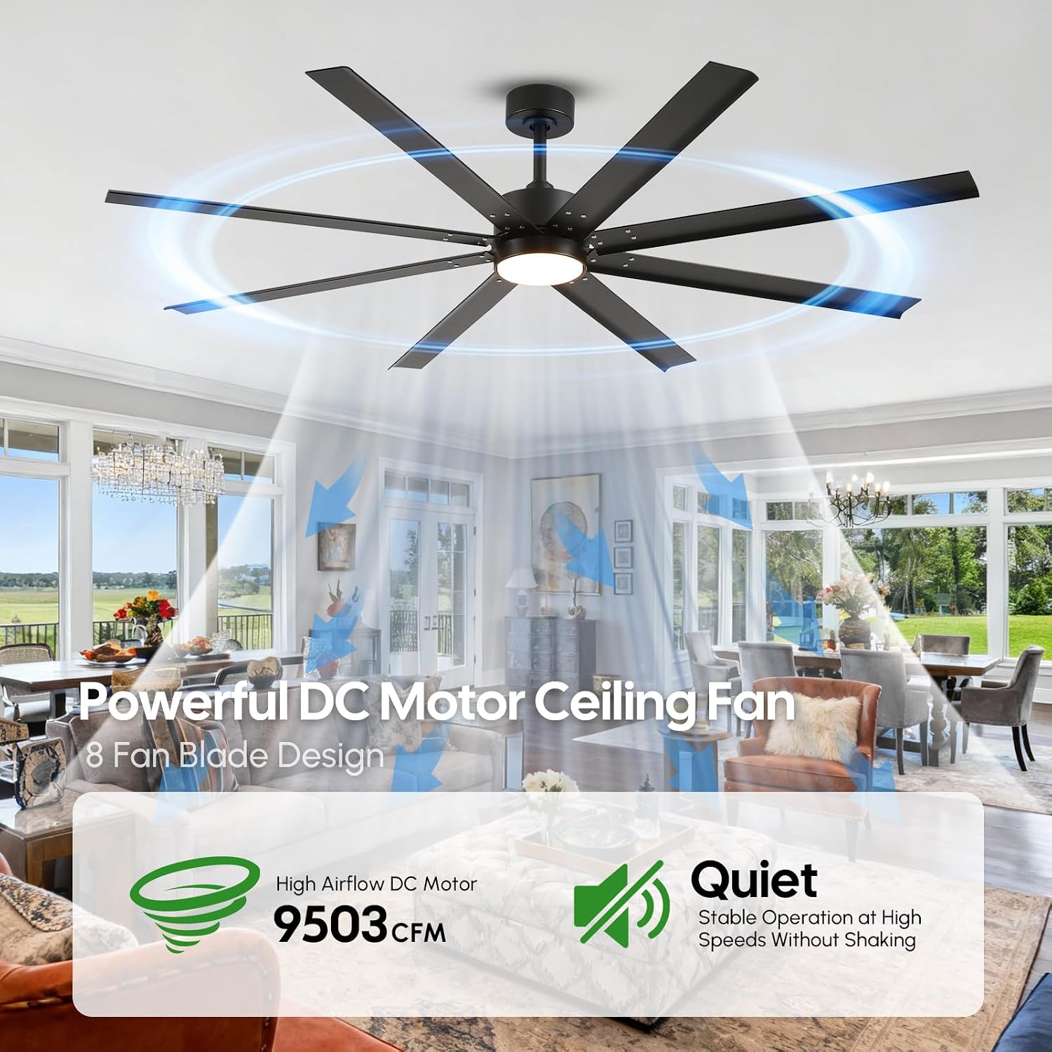 65 Inch All-Weather Outdoor Ceiling Fan with Light and Remote, IP65 Wet Rated, High CFM, 8 Large Black Waterproof Aluminum Blades, Energy Efficient Quiet DC Motor for Patio, Porch, Pergola, Garage