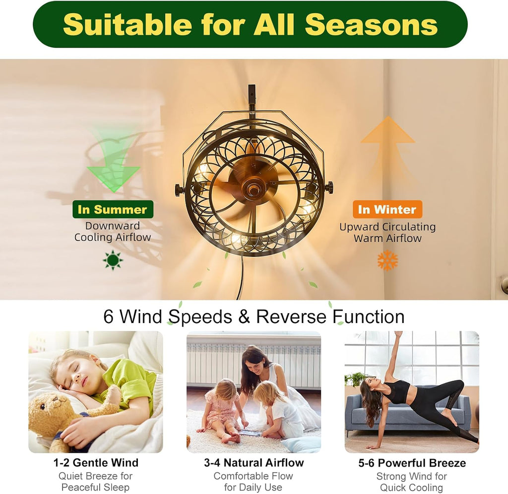 20' Wall Mount Fan with Lights, Wall Mounted Fan with Remote, 360° Adjustable Tilt Plug In Wall Fan, Indoor Industrial Fan Wall Mount for Garage, Bedroom, Workshop, Warehouse