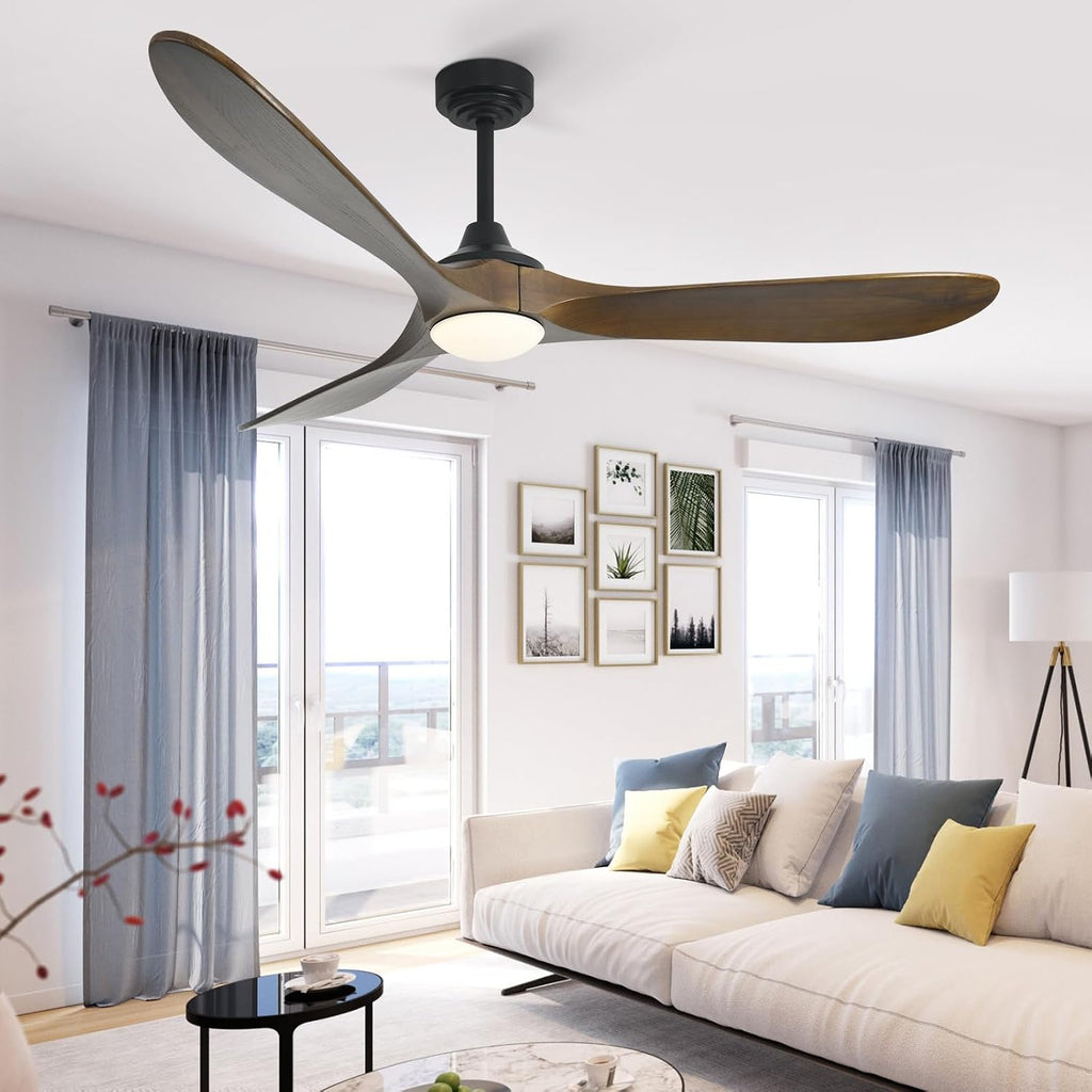 60' Outdoor Ceiling Fan with Light 3 Downrods, Smart Wood Ceiling Fan Compatible with Alexa/Google/App, 3 Blades Modern Walnut Wood Ceiling Fans for Kitchen Living Room Patio,Bronze