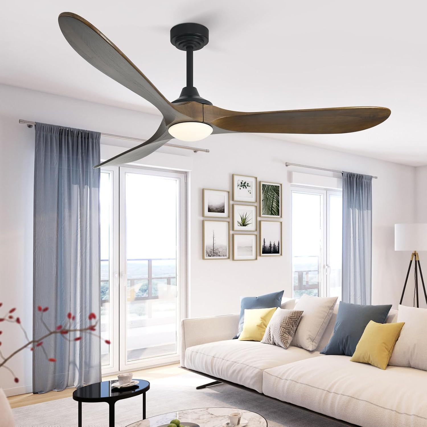 60' Outdoor Ceiling Fan with Light 3 Downrods, Smart Wood Ceiling Fan Compatible with Alexa/Google/App, 3 Blades Modern Walnut Wood Ceiling Fans for Kitchen Living Room Patio,Bronze
