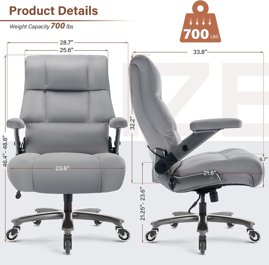 Big and Tall Office Chair 700lbs- Fabric Executive Desk Chair with Adjustable Lumbar Support 3D Flip UP Arms- Heavy Duty Quiet Wheels Metal Base Ultra-Soft Upholstered Ergonomic Computer Chairs, Grey