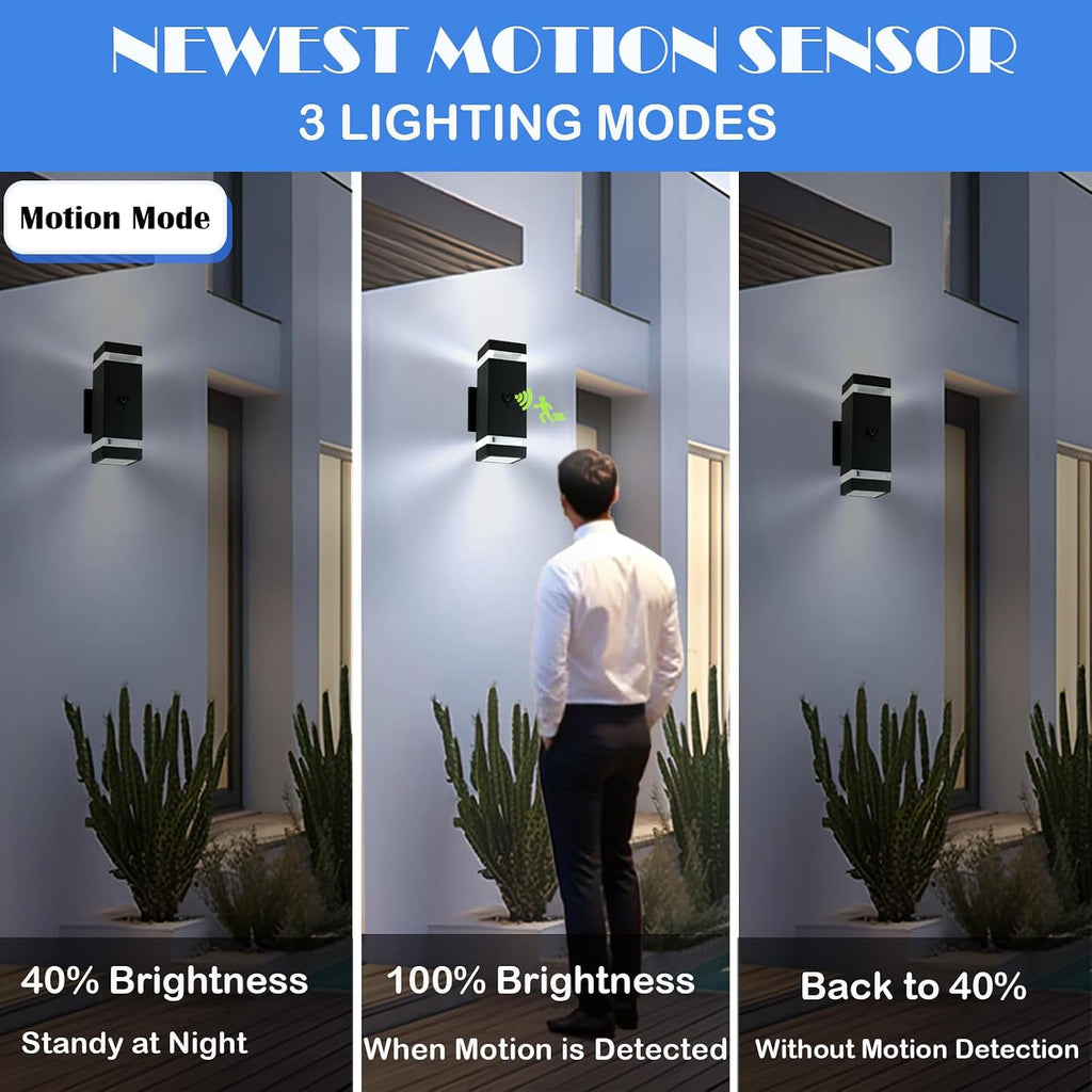 iYogaled Motion Sensor Outdoor Wall Lights with 3 Lighting Modes, Dusk to Dawn Porch Light with Bulbs Include, IP65 Waterproof Modern Black Wall Sconce for Patio, Garage, Front Door