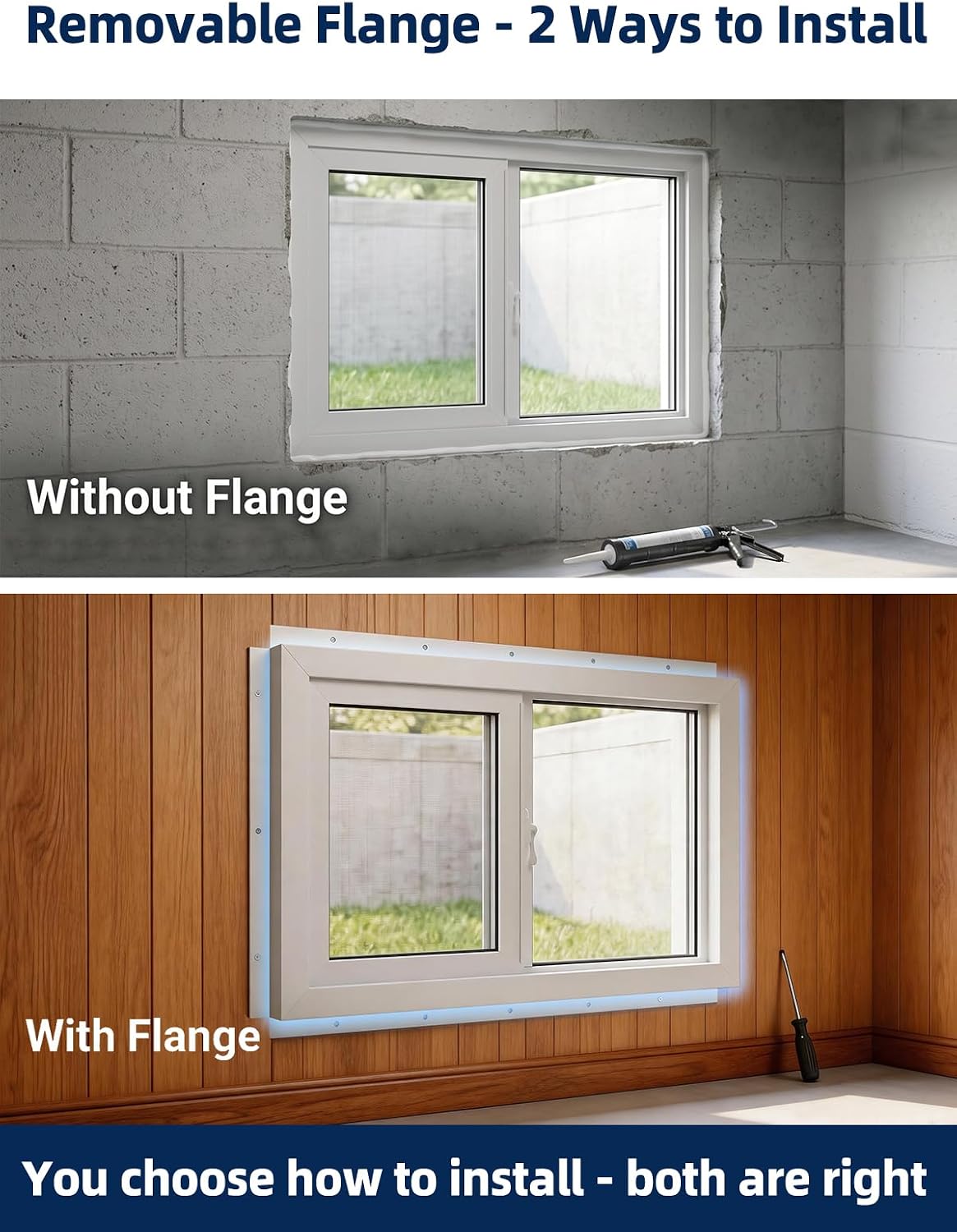 NOOTA EasyWing Basement Window 32' x 16' Double Tempered Glass, Removable Flange, Vinyl Basement Replacement Window
