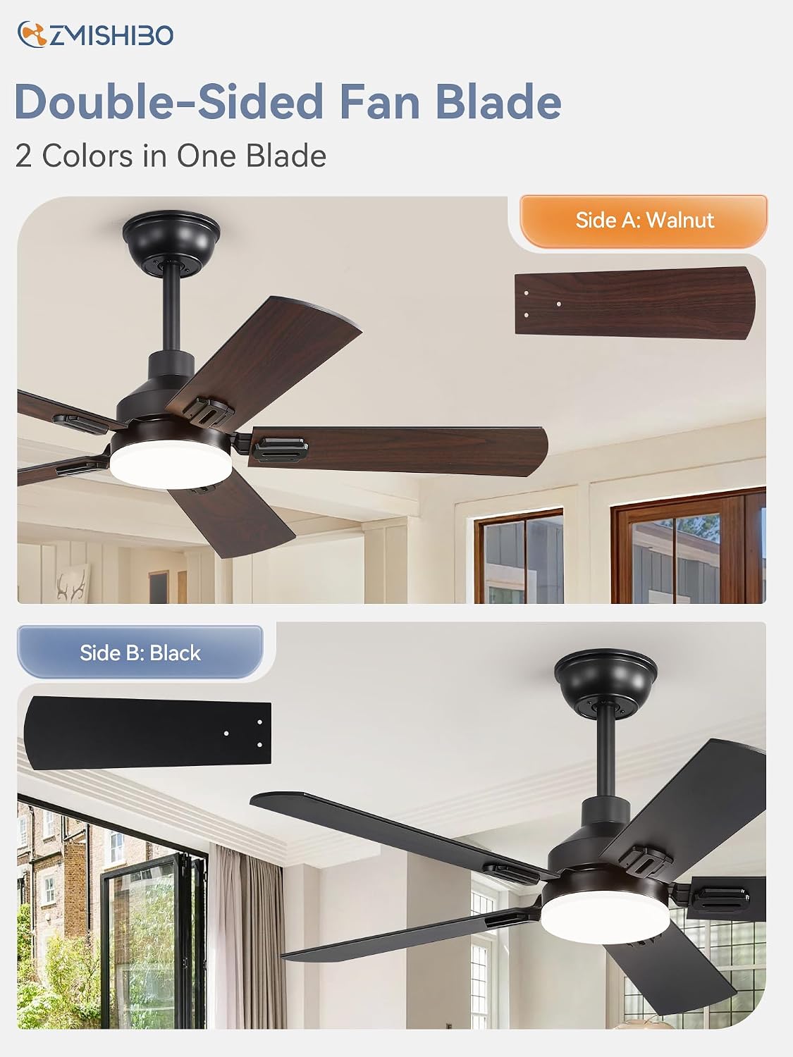 ZMISHIBO 2 Pack 44' Ceiling Fans with Lights, Black Modern Ceiling Fan with Remote, Farmhouse Indoor Ceiling Fan with Dual Finish Blades, Quiet & Strong Motor, Bright LED Light.