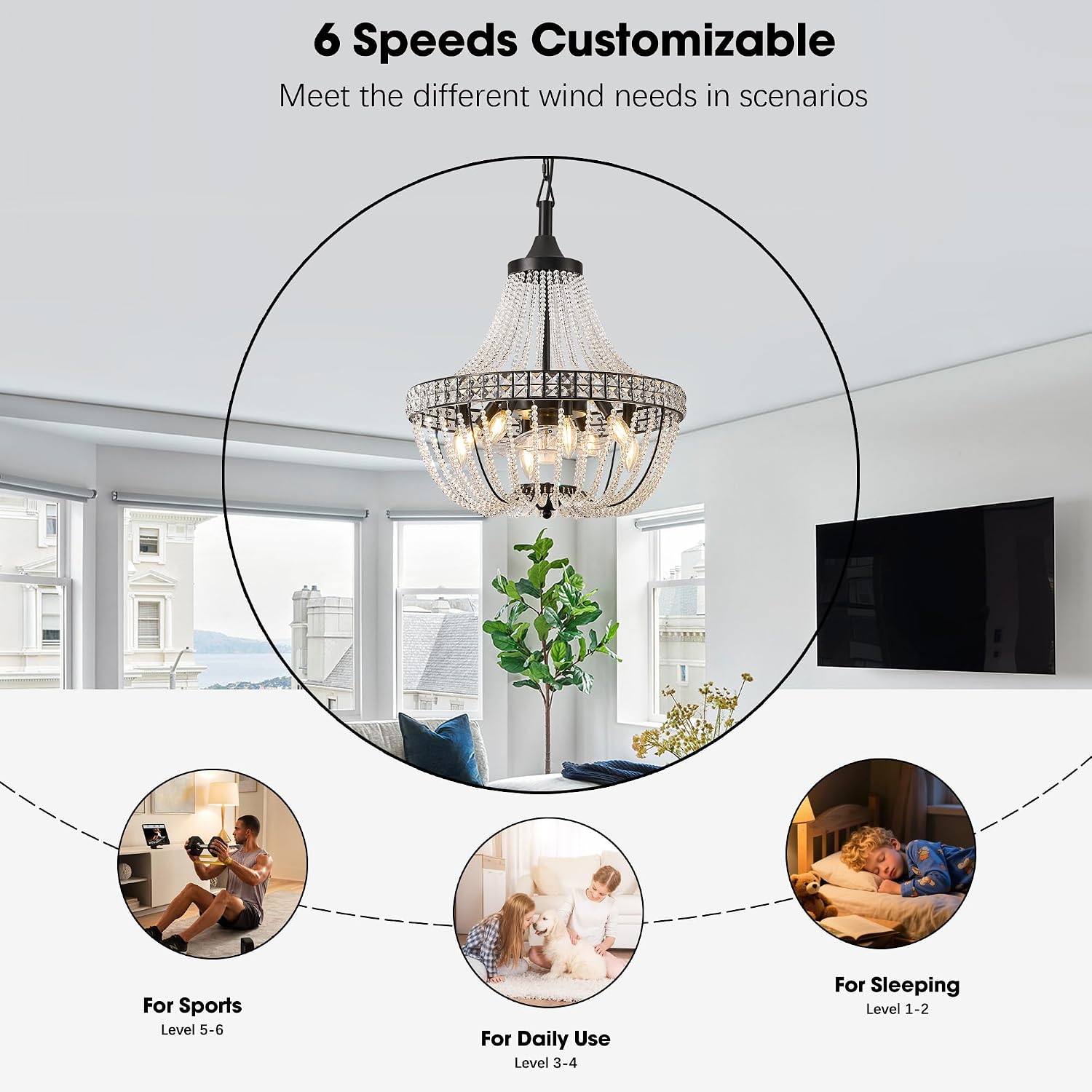 20 inch Crystal Chandelier with Ceiling Fan, Remote & App Control, Reversible DC Motor, French Empire Fandelier for Dining Room, Bedroom, Kitchen