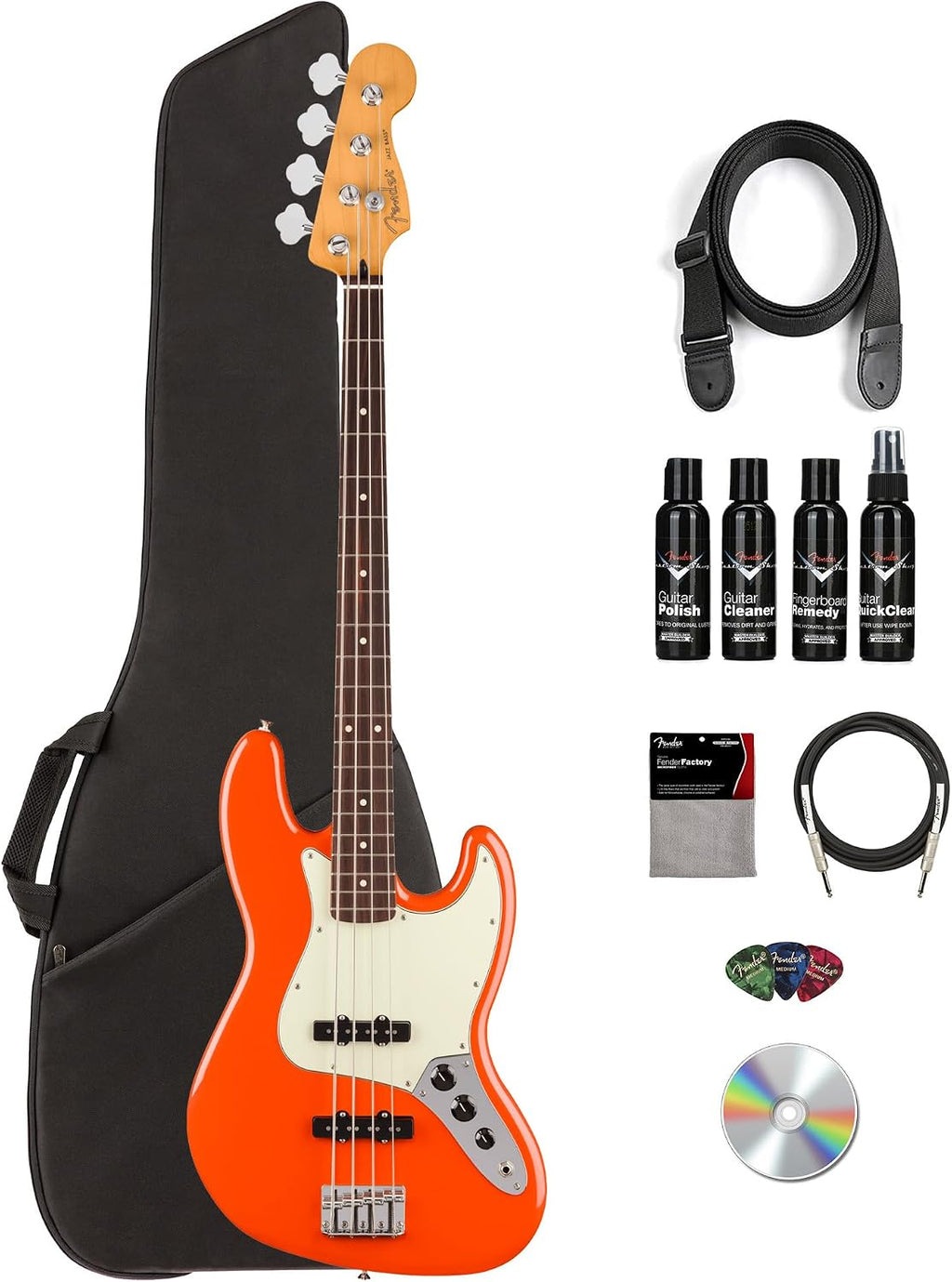 Fender Player II Jazz Bass - Rallye Orange Bundle with Gig Bag, Strap, Instrument Cable, Picks, Guitar Cleaning Kit, and Austin Bazaar Instructional DVD