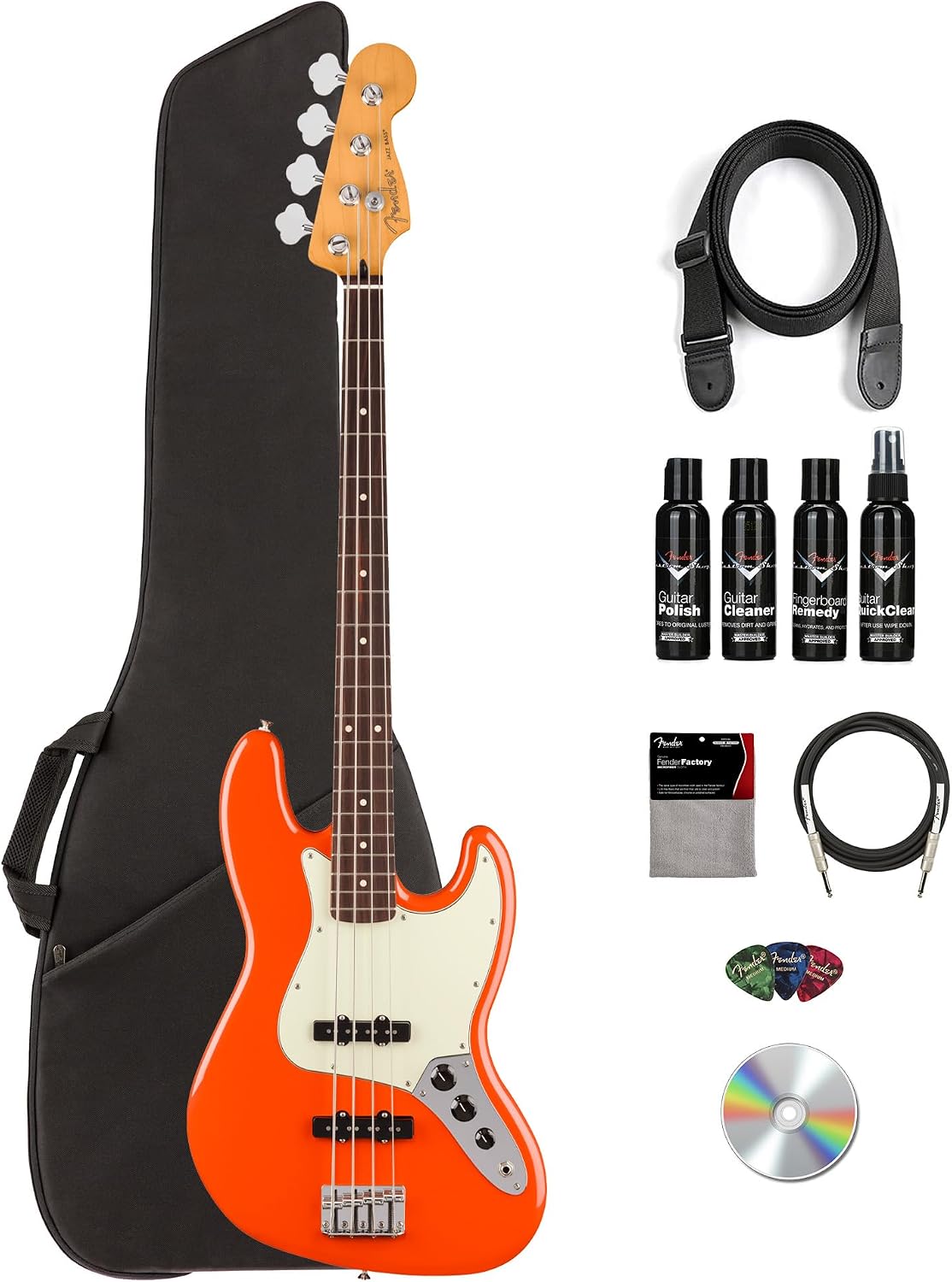 Fender Player II Jazz Bass - Rallye Orange Bundle with Gig Bag, Strap, Instrument Cable, Picks, Guitar Cleaning Kit, and Austin Bazaar Instructional DVD