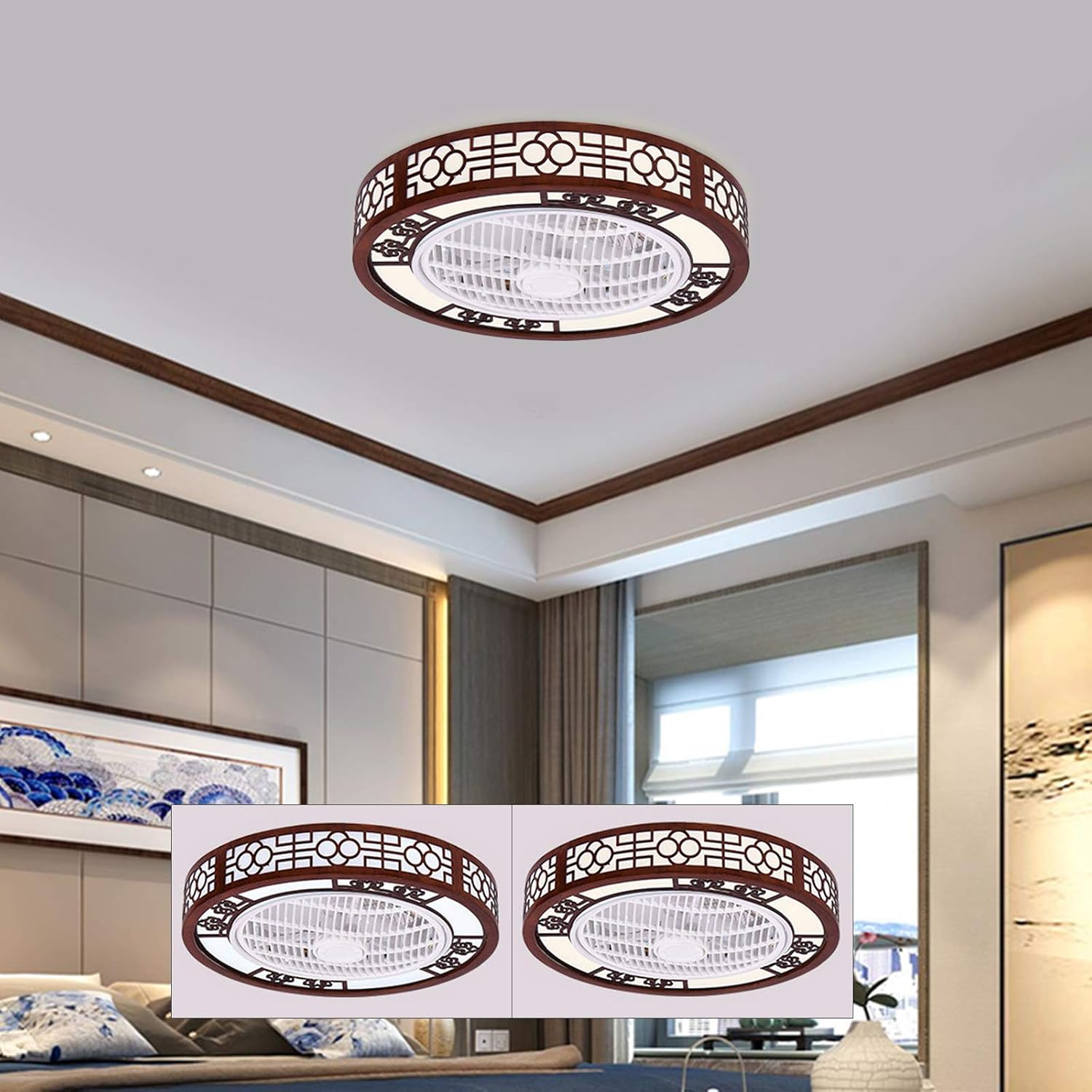 TFCFL 22 Flush Mount Ceiling Fan Light, Retro Style Home LED Lighting Lamp, 3 Speeds 2 Light Colors Enclosed Blades Timing Function W/Remote Control, 64W(Brown)