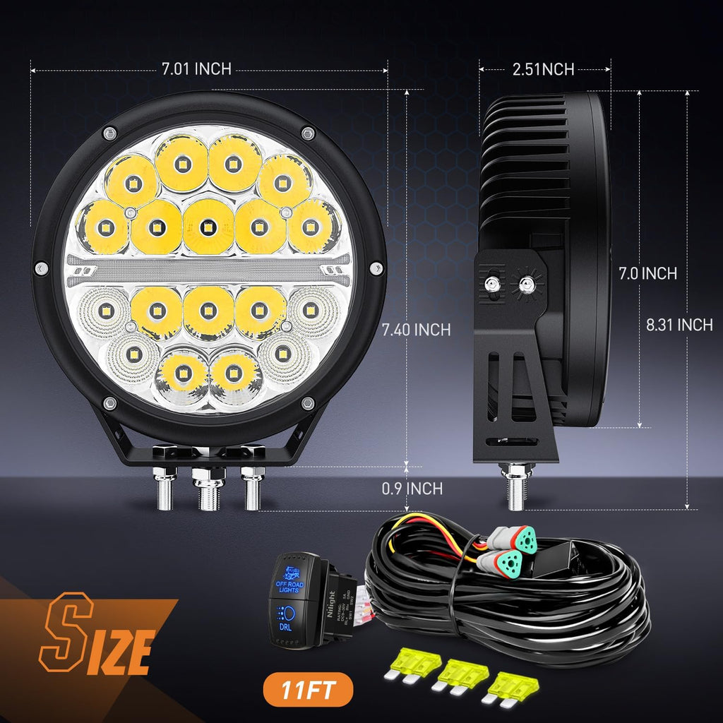 Nilight LED Offroad Driving Lights with Amber DRL 2PCS 7 Inch Round 90W IP68 Spot Flood Combo Work Light Bar with 12 AWG DT Connector Wiring Harness Kit for 4x4 Truck ATV UTV SUV