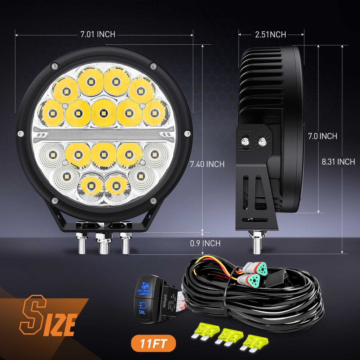 Nilight LED Offroad Driving Lights with Amber DRL 2PCS 7 Inch Round 90W IP68 Spot Flood Combo Work Light Bar with 12 AWG DT Connector Wiring Harness Kit for 4x4 Truck ATV UTV SUV