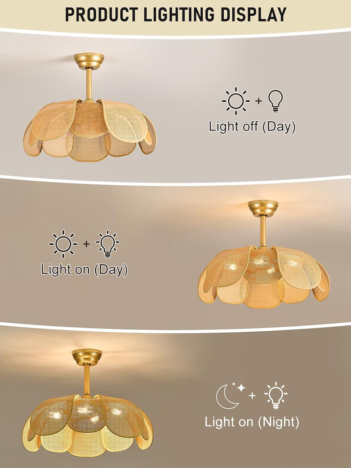 Rattan fandelier Ceiling Fan with Light Boho Ceiling Fans with Lights and Remote Gold Chandelier Fan for Bedroom, Living Room,Kitchen,Foyer(26 Inch,6 Speed, Timing Adjustable Height Flower)