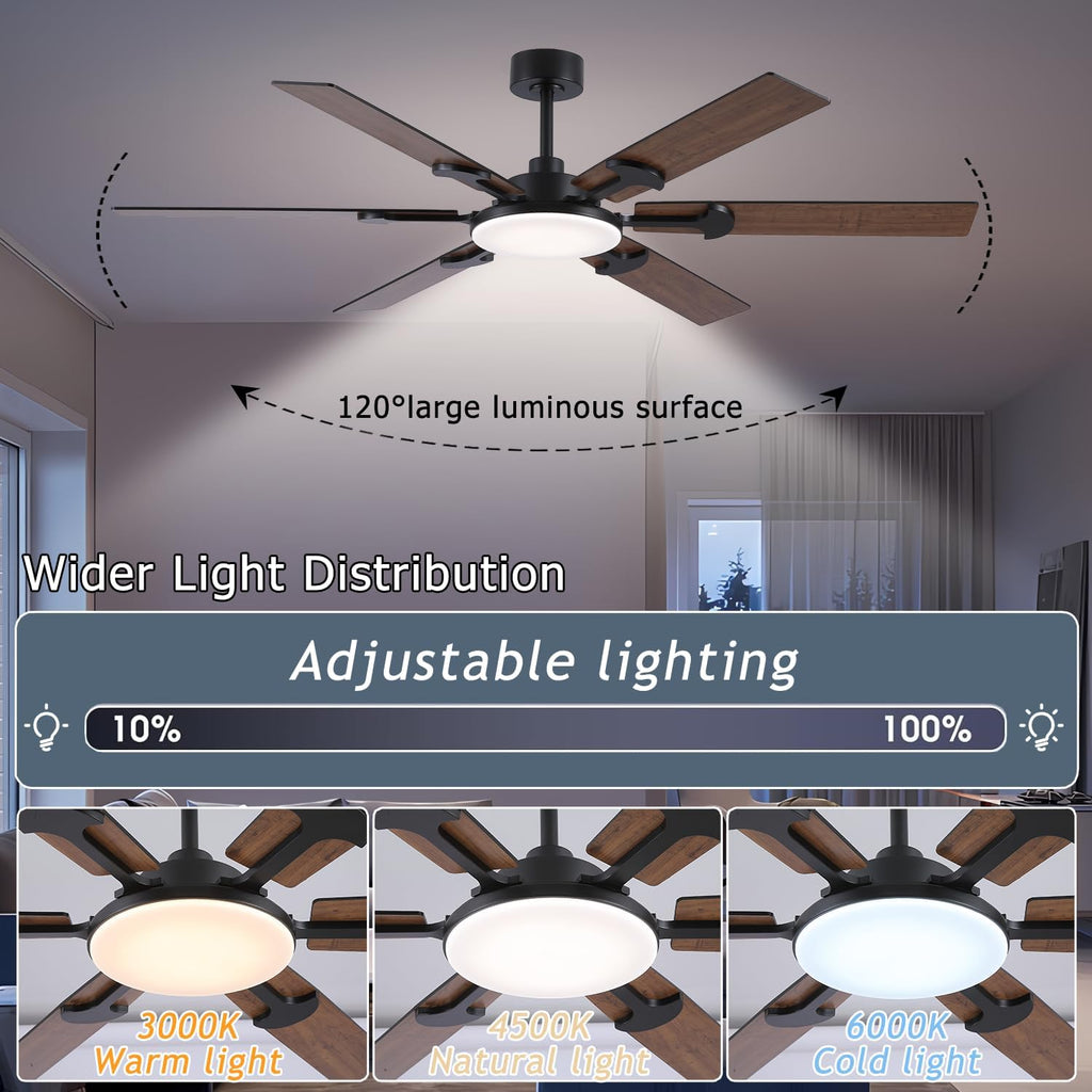 FUMLTP 66 inch Large Ceiling Fans with Lights，Brown Low Profile Ceiling Fan with light and Remote Control，3 CCT Dimmable，Quiet DC Motor，Indoor/Outdoor Ceiling Fan for Bedroom Living Room Patio,Porch.