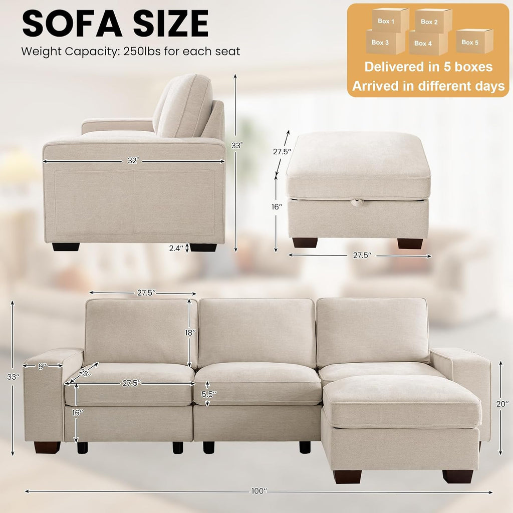 TEKAMON 100' Modular Sectional Sofa with Seats Storage, L Shaped Couch with Movable Ottoman for Living Room, Couch with Chaise, Solid Wood Frame, Spring Cushions, USB Port, Removable Covers, Beige