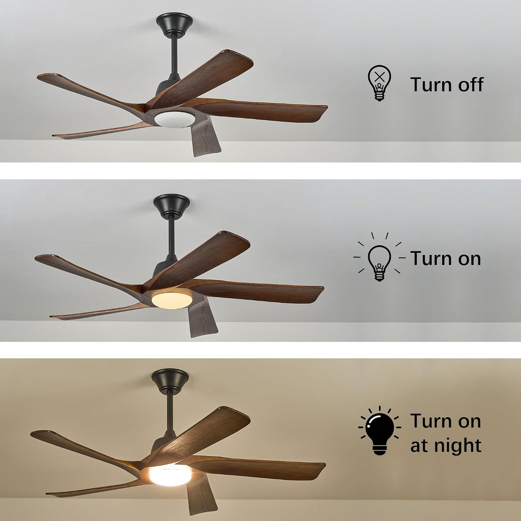 52' DC Ceiling Fan with Light, 5 Solid Wood Blades, Remote and APP Control, 3-color Dimmable, 6-speed Reversible, Quiet Ceiling Fan for Bedroom, Living Room, Dark Walnut