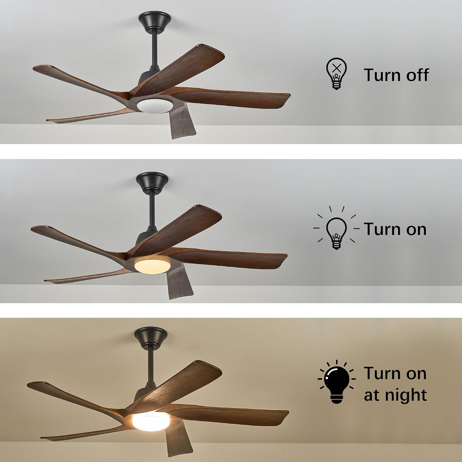 52' DC Ceiling Fan with Light, 5 Solid Wood Blades, Remote and APP Control, 3-color Dimmable, 6-speed Reversible, Quiet Ceiling Fan for Bedroom, Living Room, Dark Walnut