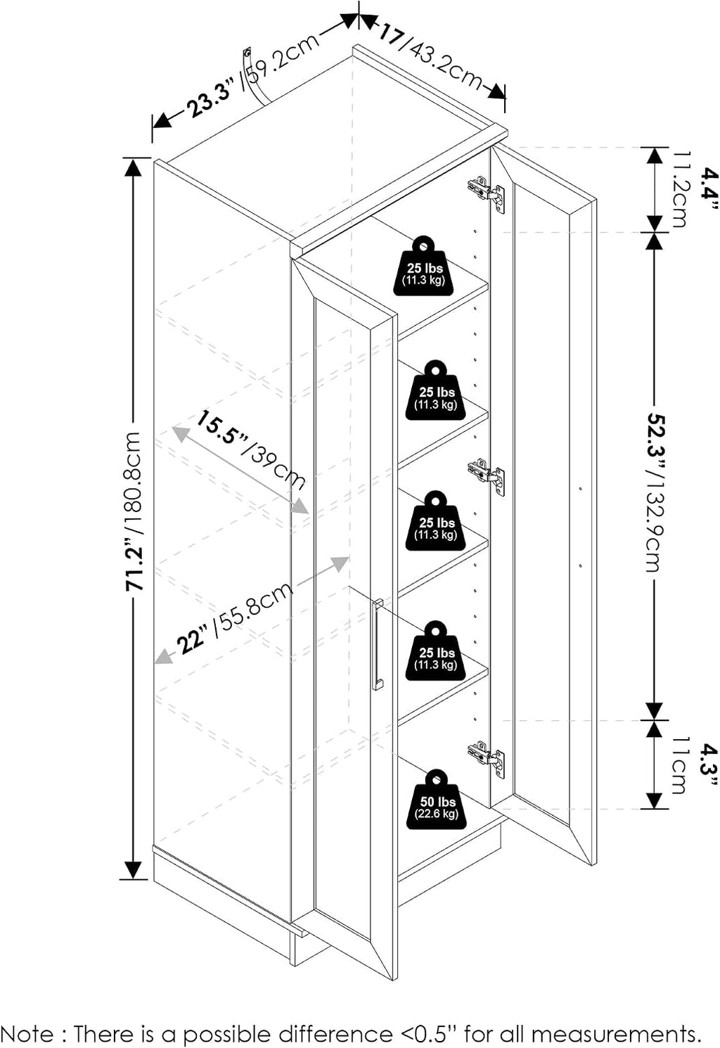 Furinno Robin Storage Cabinet, 4-Tier Pantry Cabinet with Adjustable Shelves, 30W with 2 Shaker-Doors, Kitchen Cabinet, Organization and Storage, for Pantry, Living Room, Home Office, White