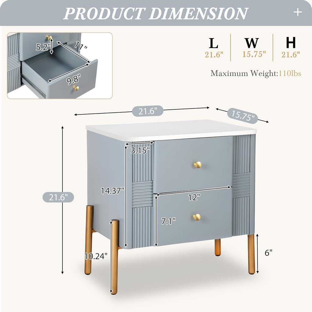 Christopher Knight Home Canyon Modern Nightstand with Golden Metal Handles and Legs, Bedside Table/End Table for Bedroom/Living Room, Multipurpose Storage Cabinet with 2 Drawers, Blue