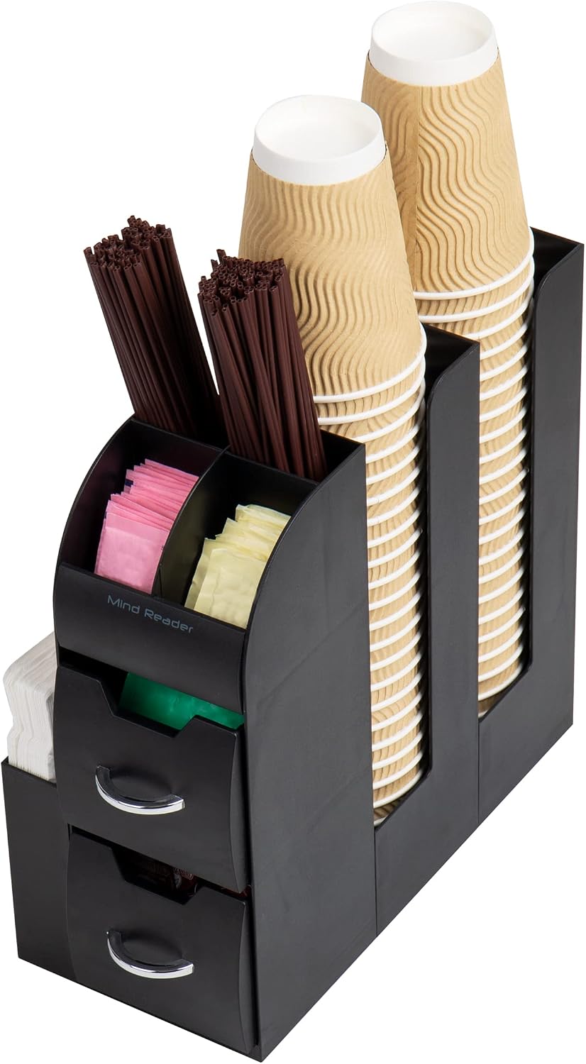 Mind Reader Cup and Condiment Station, Countertop Organizer, Coffee Bar, Kitchen, Stirrers, 5.35' W x 11.25' L x 11.15' H, Black (Pack of 8)