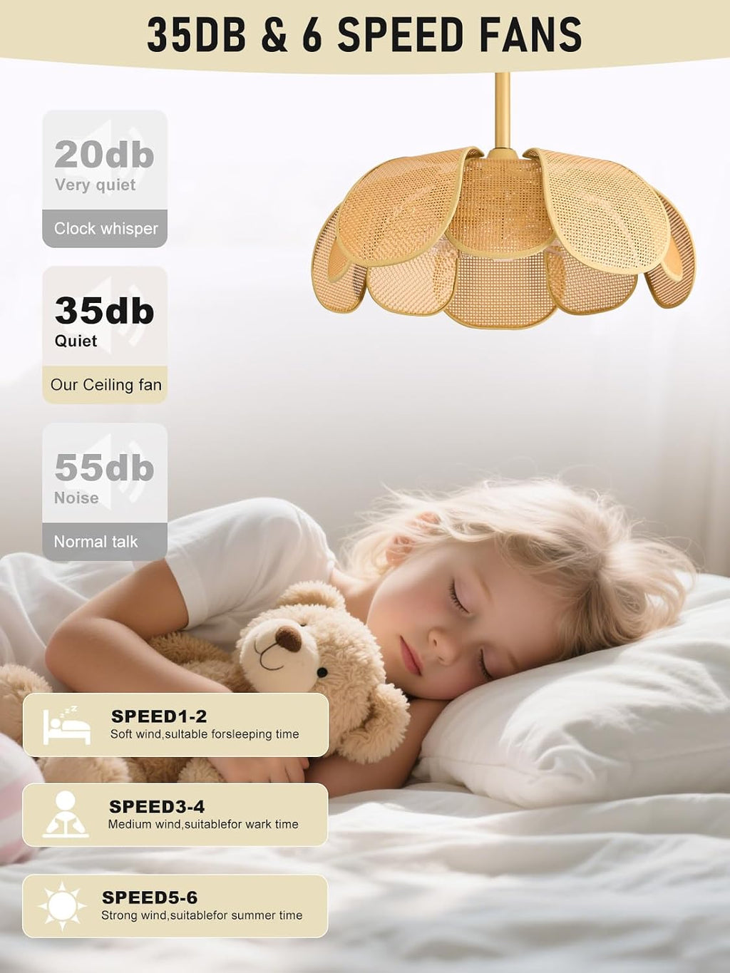 Rattan fandelier Ceiling Fan with Light Boho Ceiling Fans with Lights and Remote Gold Chandelier Fan for Bedroom, Living Room,Kitchen,Foyer(26 Inch,6 Speed, Timing Adjustable Height Flower)