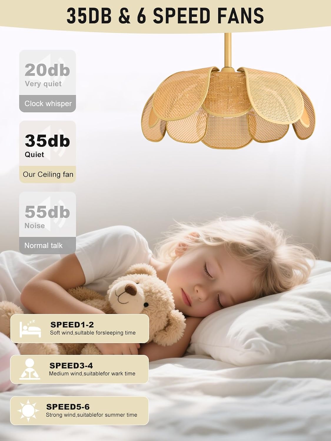Rattan fandelier Ceiling Fan with Light Boho Ceiling Fans with Lights and Remote Gold Chandelier Fan for Bedroom, Living Room,Kitchen,Foyer(26 Inch,6 Speed, Timing Adjustable Height Flower)