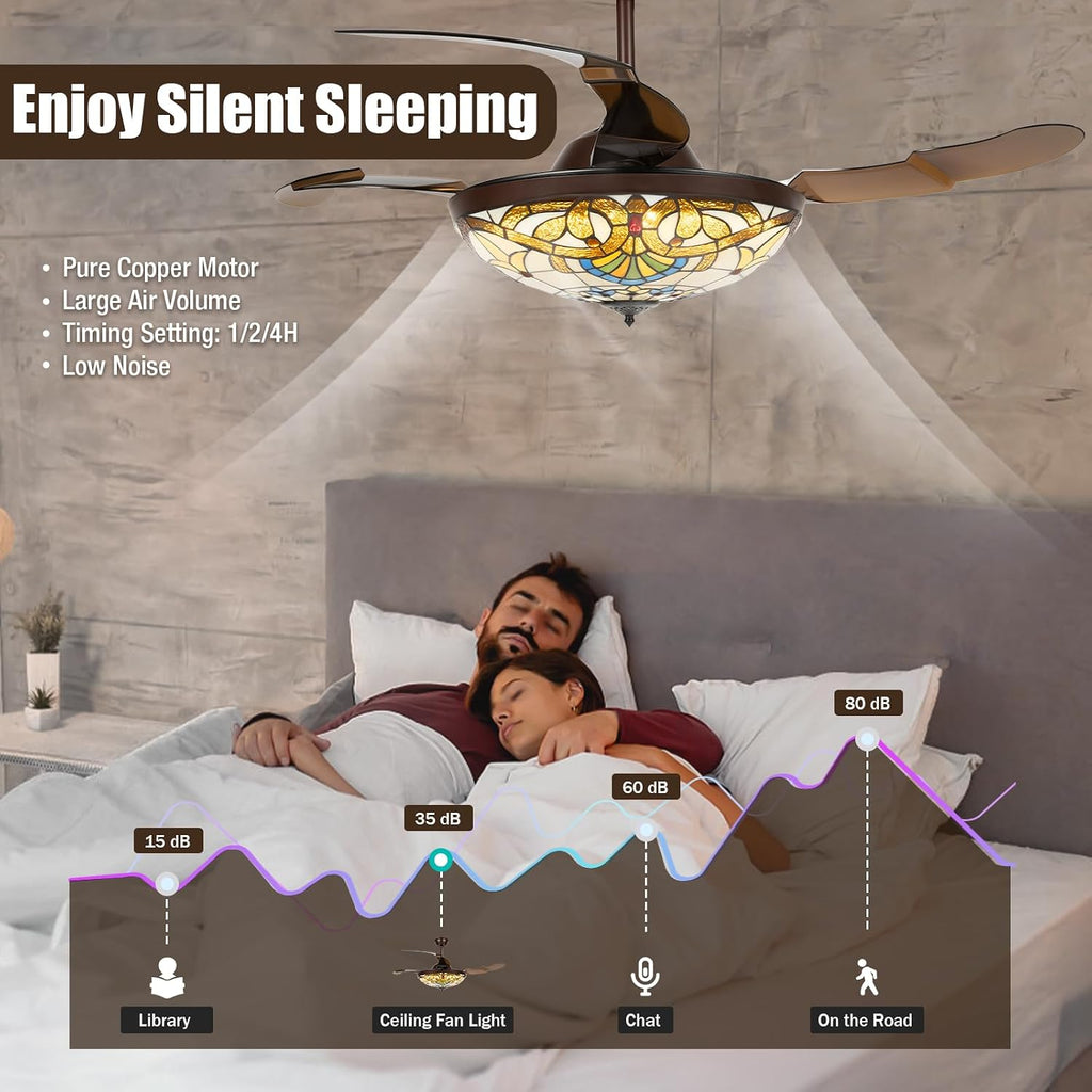 42' Tiffany Style Retractable Ceiling Fan Light Invisible Ceiling Fan Retro Stained Glass LED Dimmable Chandelier with Remote 3-Color Changes and 6-Speed for Home, Bar, Restaurant, Hotel, Cafe