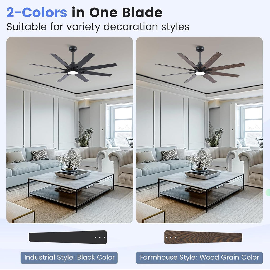 Newday 62 inch Large Ceiling Fans with Lights and Remote, Indoor/Outdoor Black Modern Ceiling Fan for Kitchen Living Room Patio, 6 Speed Reversible Quiet DC Motor, 3 CCT, Dual Finish 8 Blades
