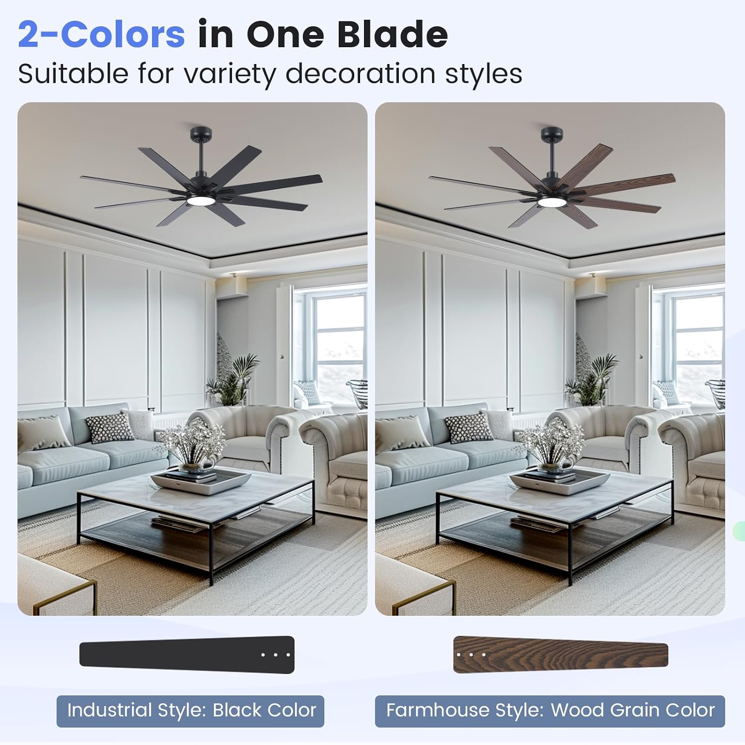 Newday 62 inch Large Ceiling Fans with Lights and Remote, Indoor/Outdoor Black Modern Ceiling Fan for Kitchen Living Room Patio, 6 Speed Reversible Quiet DC Motor, 3 CCT, Dual Finish 8 Blades