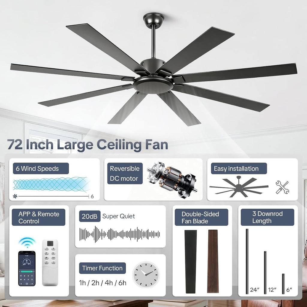 72 Inch Black Ceiling Fan No Light, Modern Ceiling Fan with Remote, 6-Speeds, Quiet Reversible DC Motor, Industrial Ceiling Fans without Lights for Patios, Living Room, Garage