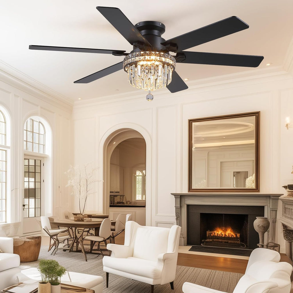 Asyko Crystal Ceiling Fan Fandelier with Lights - 52' Outdoor Fans with Remote Control，Crystal Ceiling Fans Noiseless DC Motor, Retro/Farmhouse Lighting, Dining Room,Living Room
